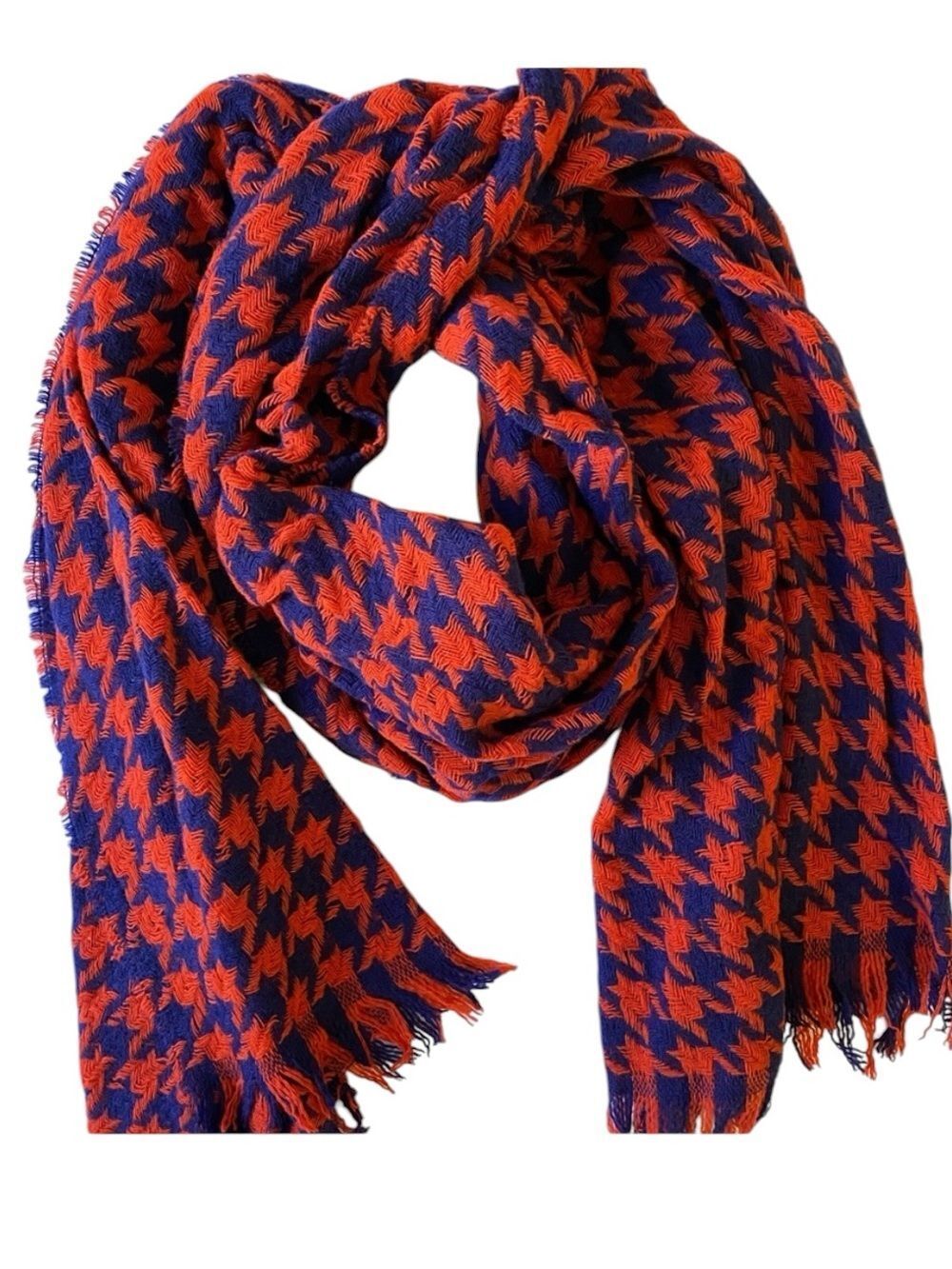 J.Crew blanket scarf a vibrant navy and burnt orange houndstooth pattern